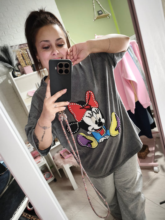 Camiseta Oversize Acid Wash Minnie Gris - Perlas & Strass