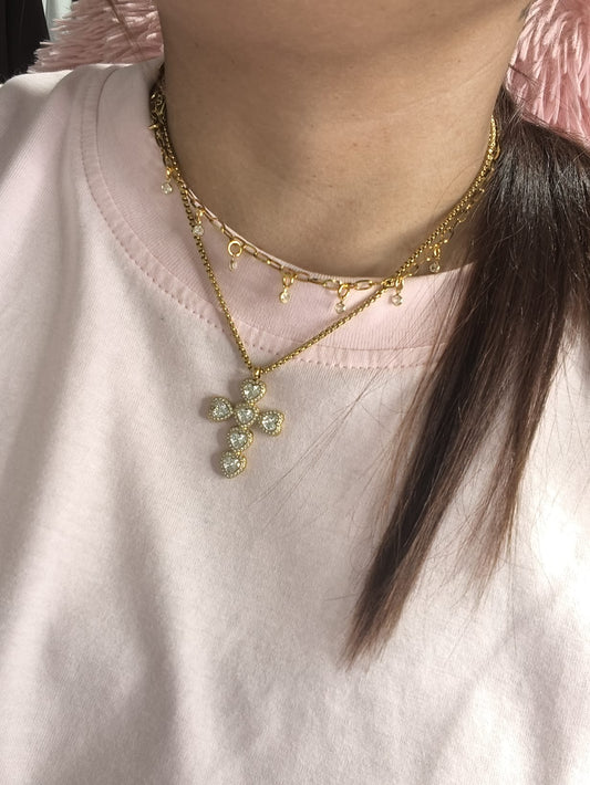 Collar Corazones Cruz Oro