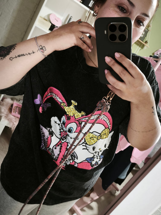 Camiseta Oversize Bugs & Kitty - Negro Acid Wash Strass