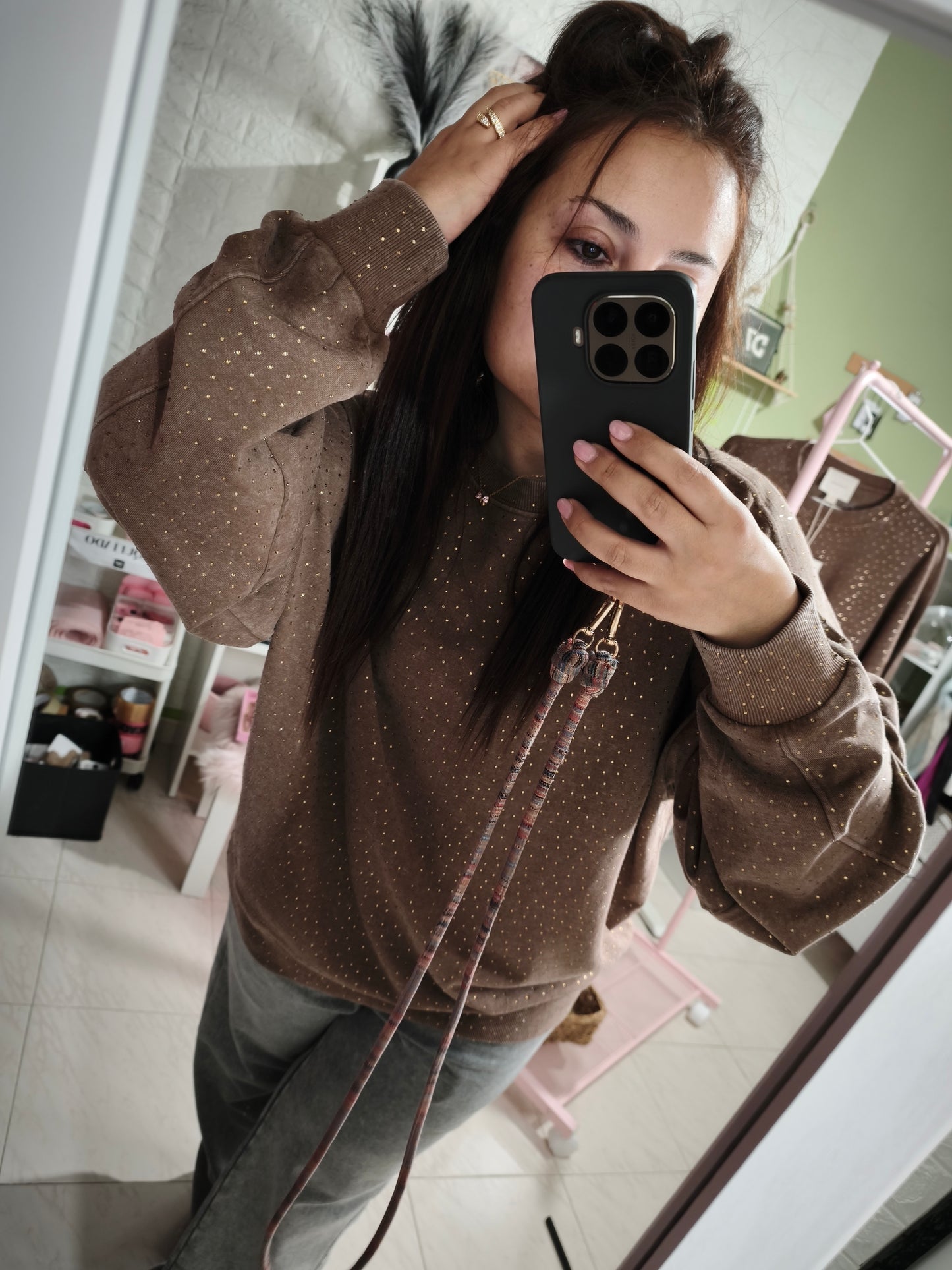 Sudadera Queen Strass Marrón Lavado