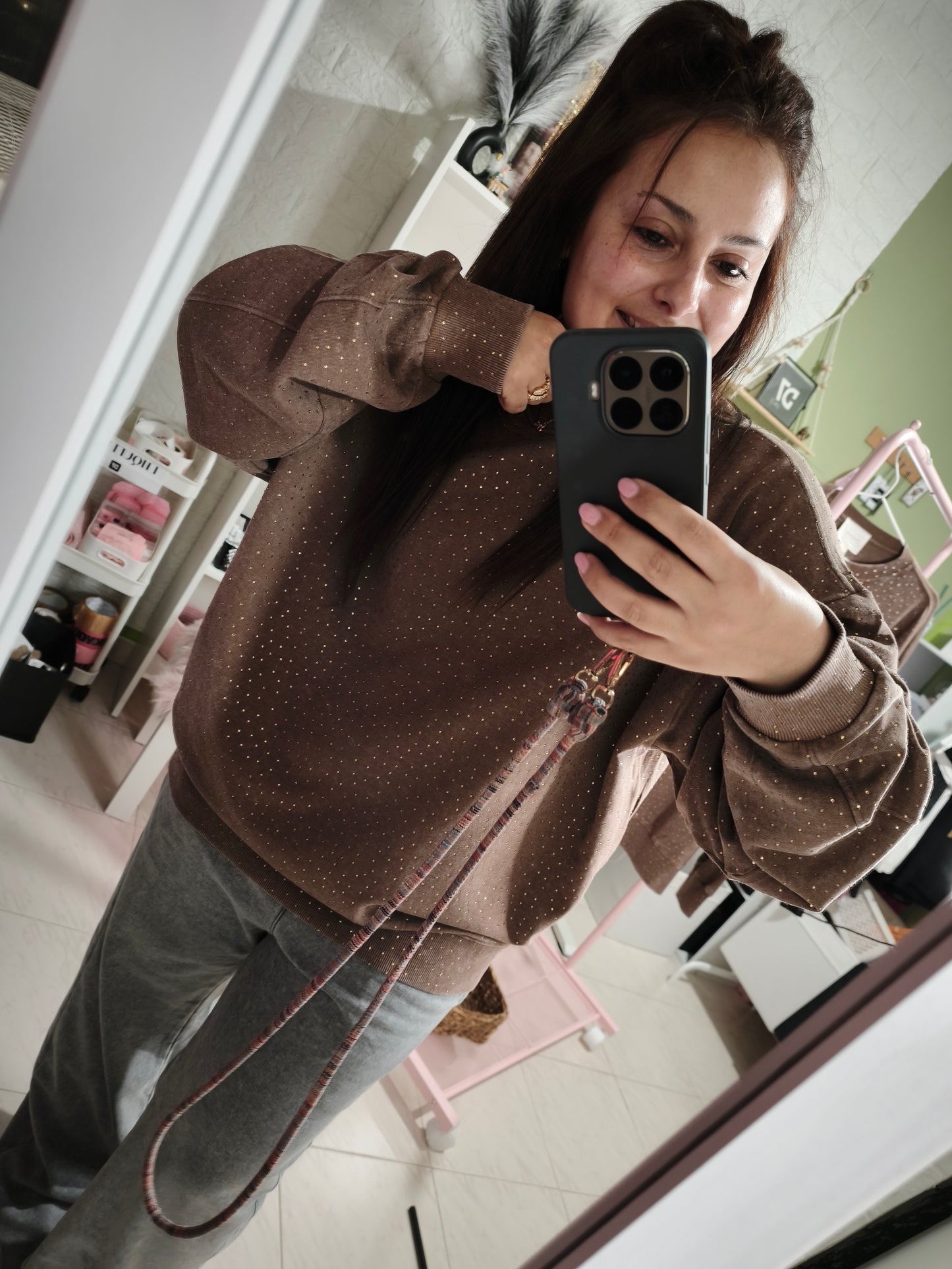 Sudadera Queen Strass Marrón Lavado