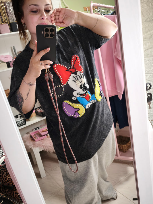 Camiseta Oversize Acid Wash Minnie Negro - Perlas & Strass